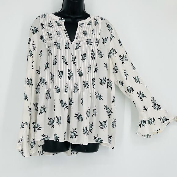 Ann Taylor Floral Pin Tuck Blouse in White/Blue Size XL - Picture 1 of 9